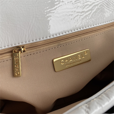 Cha.nel 19 Handbag Shiny Aged Calfskin Gold Double C Metal White AS1160