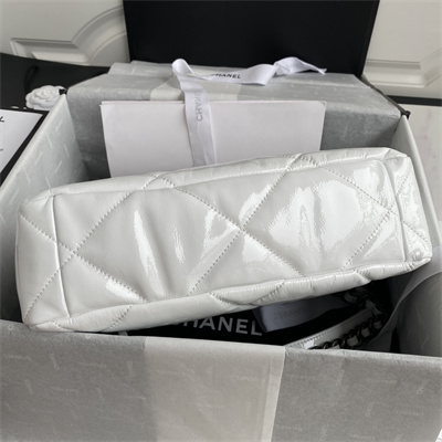 Cha.nel 19 Large Handbag Shiny Aged Calfskin Gold Double C Metal White AS1161