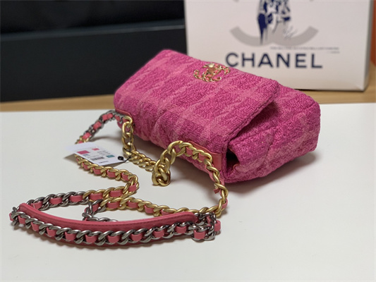 Ch*el 19 handbag wool tweed gold double c metal fuchsia as1160
