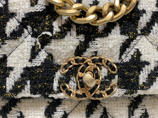 Ch*el 19 handbag wool tweed gold double c metal black/white as1160