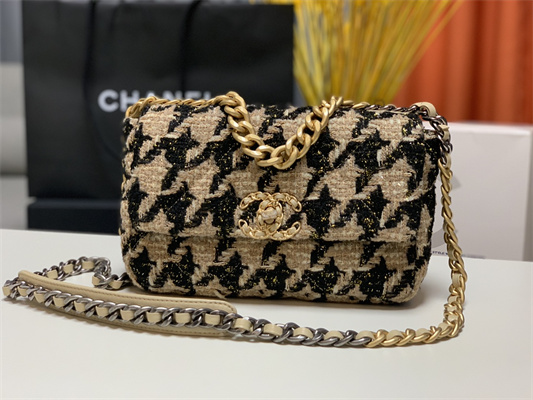 Ch*el 19 handbag wool tweed gold double c metal black/beige as1160