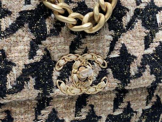 Ch*el 19 handbag wool tweed gold double c metal black/beige as1160