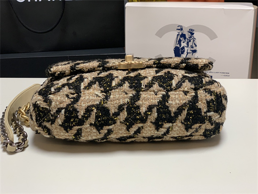 Ch*el 19 handbag wool tweed gold double c metal black/beige as1160
