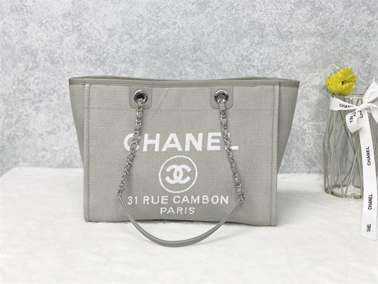 Cha.nel Deauville MM Shopping Bag Mixed Fibers Silver Tone Metal Grey A67001