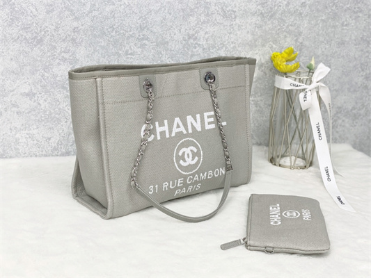 Cha.nel Deauville MM Shopping Bag Mixed Fibers Silver Tone Metal Grey A67001