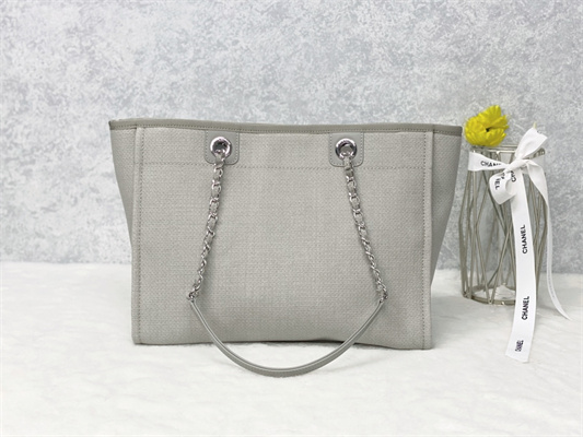 Cha.nel Deauville MM Shopping Bag Mixed Fibers Silver Tone Metal Grey A67001