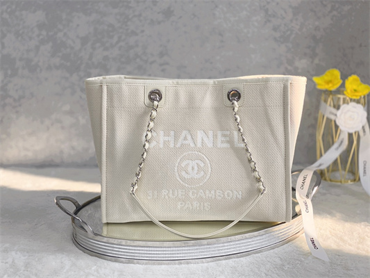 Cha.nel Deauville MM Shopping Bag Mixed Fibers Silver Tone Metal Cream A67001