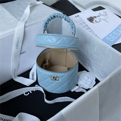 Cha.nel Vanity Case With Top Handle Lambskin Gold Tone Metal Blue AP2730