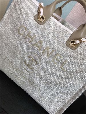 Cha.nel Deauville Large Shopping Bag Mixed Fibers Gold Tone Metal Beige A66941