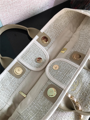 Cha.nel Deauville Large Shopping Bag Mixed Fibers Gold Tone Metal Beige A66941