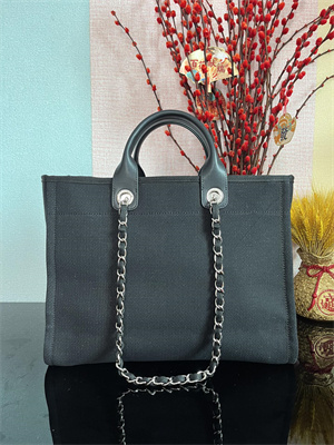 Cha.nel Deauville Large Shopping Bag Mixed Fibers Silver Tone Metal Black A66941