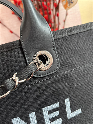 Cha.nel Deauville Large Shopping Bag Mixed Fibers Silver Tone Metal Black A66941