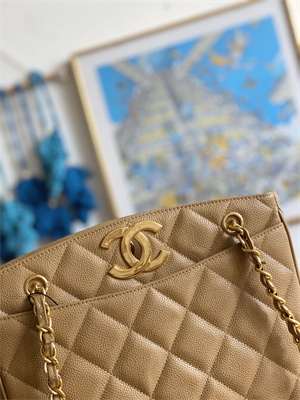 Cha.nel Vintage Shopping Bag Calfskin Gold Tone Metal Beige A98