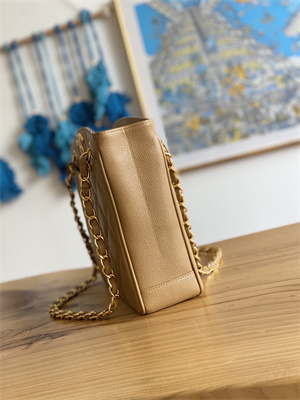 Cha.nel Vintage Shopping Bag Calfskin Gold Tone Metal Beige A98