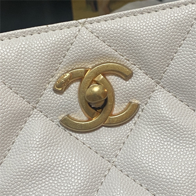 Cha.nel Shopping Bag Grained Calfskin Gold Tone Metal White A33200