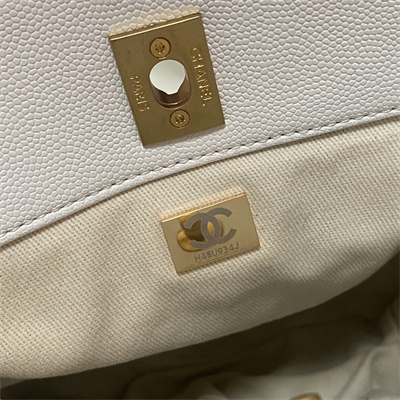 Cha.nel Shopping Bag Grained Calfskin Gold Tone Metal White A33200