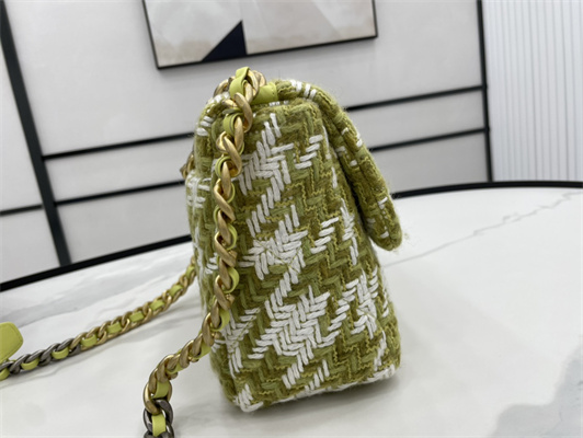 Cha.nel 19 Large Handbag Wool Tweed Gold Double C Metal Green/White AS1161