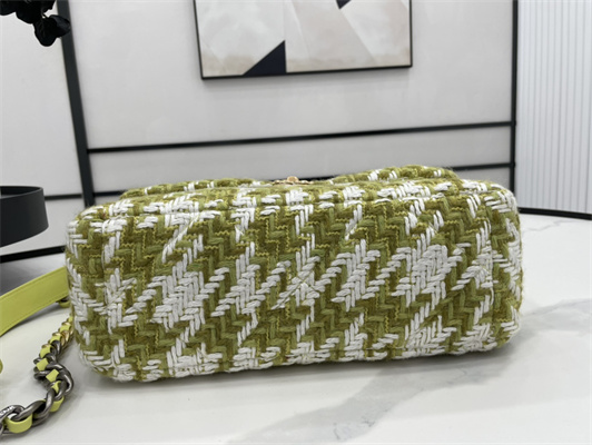 Cha.nel 19 Large Handbag Wool Tweed Gold Double C Metal Green/White AS1161