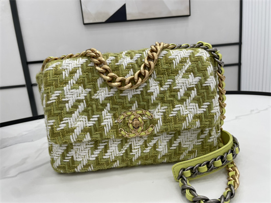 Ch*el 19 handbag wool tweed gold double c metal green/white as1160