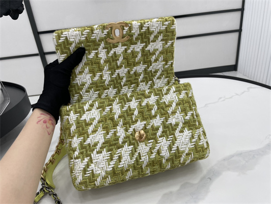 Ch*el 19 handbag wool tweed gold double c metal green/white as1160