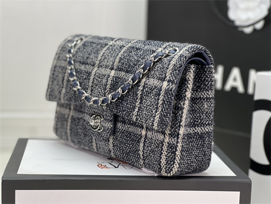 Cha.nel Medium Classic Flap Bag Tweed Silver Tone Metal Navy A01112
