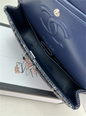 Cha.nel Medium Classic Flap Bag Tweed Silver Tone Metal Navy A01112