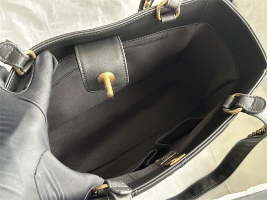 Cha.nel Shopping Bag Smooth Calfskin Gold Tone Metal Black AS3508