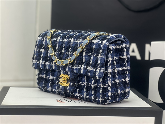 Cha.nel Mini Classic Flap Bag Tweed Gold Tone Metal Dk Blue A01116
