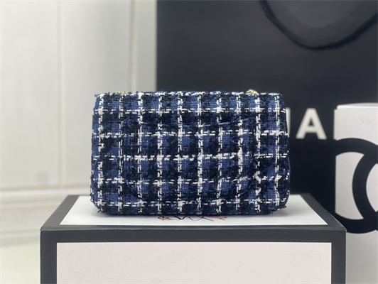 Cha.nel Mini Classic Flap Bag Tweed Gold Tone Metal Dk Blue A01116