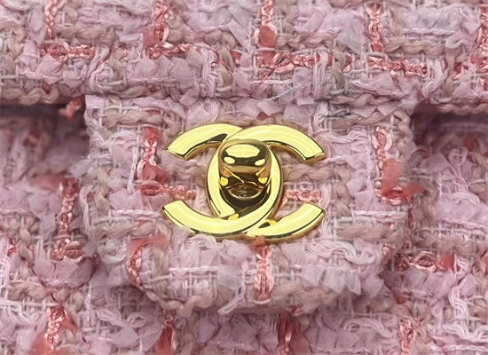 Cha.nel Medium Classic Flap Bag Tweed Gold Tone Metal Pink A01112