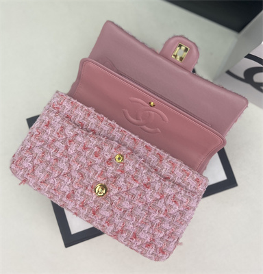 Cha.nel Medium Classic Flap Bag Tweed Gold Tone Metal Pink A01112