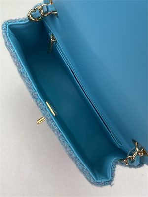 Cha.nel Mini Classic Flap Bag Tweed Gold Tone Metal Blue A01116