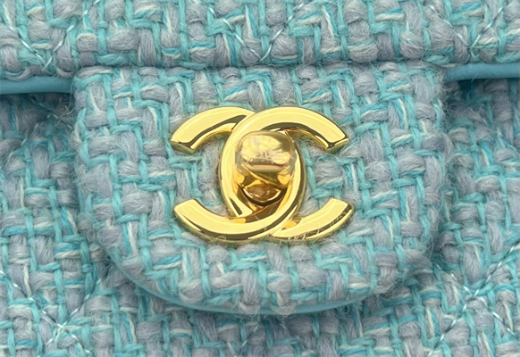 Cha.nel Mini Classic Flap Bag Tweed Gold Tone Metal Blue A01116