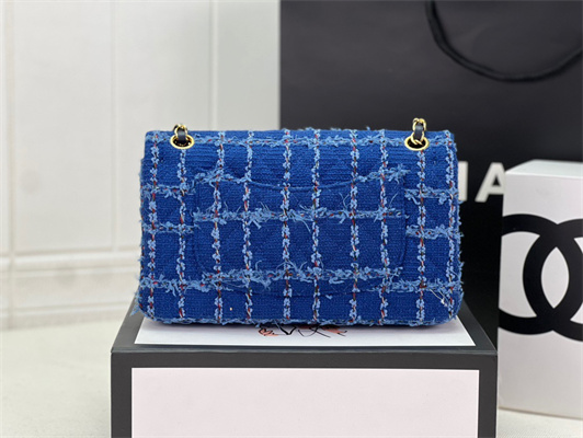 Cha.nel Medium Classic Flap Bag Tweed Gold Tone Metal Blue A01112