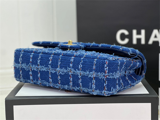 Cha.nel Medium Classic Flap Bag Tweed Gold Tone Metal Blue A01112