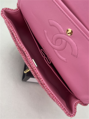 Cha.nel Medium Classic Flap Bag Tweed Gold Tone Metal Pink A01112