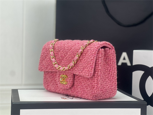 Cha.nel Mini Classic Flap Bag Tweed Gold Tone Metal Pink A01116