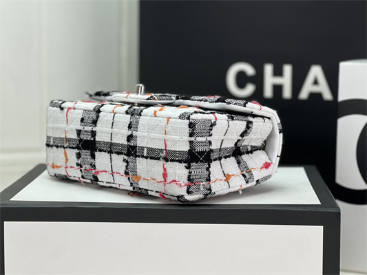 Cha.nel Mini Classic Flap Bag Tweed Silver Tone Metal A01116