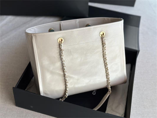 Cha.nel Deauville MM Shopping Bag Shiny Calfskin Gold Tone Metal White A67001