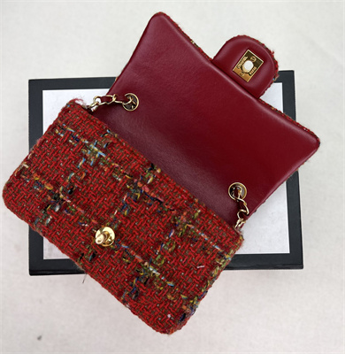 Cha.nel Mini Classic Flap Bag Tweed Gold Tone Metal Red A01116
