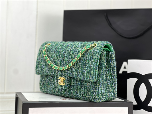 Cha.nel Medium Classic Flap Bag Tweed Gold Tone Metal Green A01112