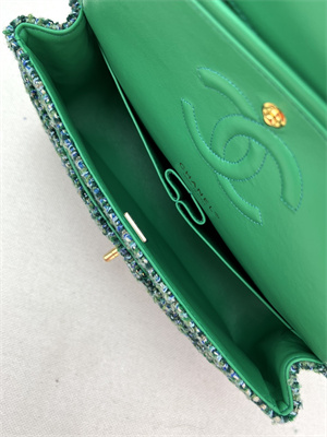 Cha.nel Medium Classic Flap Bag Tweed Gold Tone Metal Green A01112