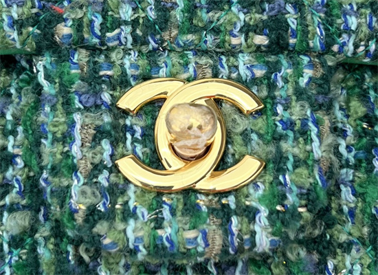 Cha.nel Mini Classic Flap Bag Tweed Gold Tone Metal Green A01116