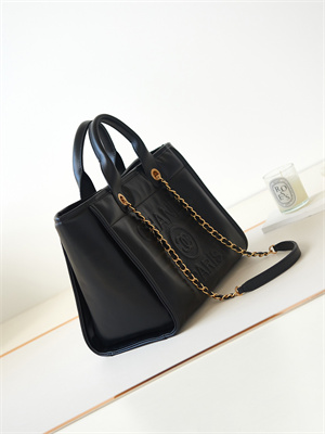 Cha.nel Deauville Small Shopping Bag Goatskin Leather Gold Tone Metal Black AS3257