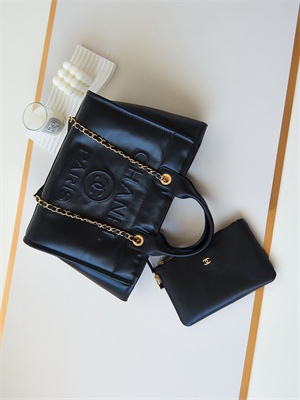 Cha.nel Deauville Small Shopping Bag Goatskin Leather Gold Tone Metal Black AS3257