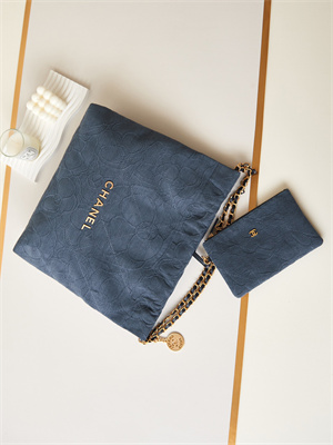 Cha.nel 22 Medium Handbag Velvet Gold Tone Metal Blue AS3261