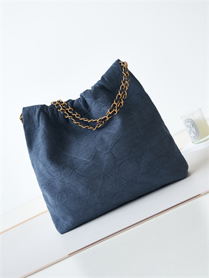 Cha.nel 22 Small Handbag Velvet Gold Tone Metal Blue AS3260