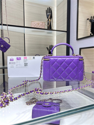 Cha.nel Vanity Case With Top Handle Lambskin Gold Tone Metal Purple AP2199