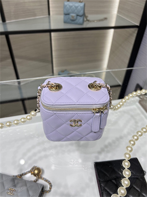 Cha.nel Vanity Case With Chain Lambskin Gold Tone Metal Lilac AP2581