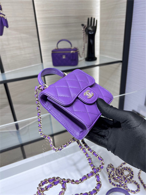 Cha.nel Vanity Case With Top Handle Lambskin Gold Tone Metal Purple AP2682